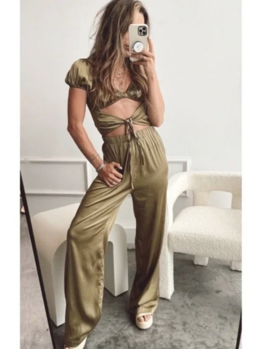 12th Tribe Midori Olive Green Satin Cutout Jumpsuit Womens Small
